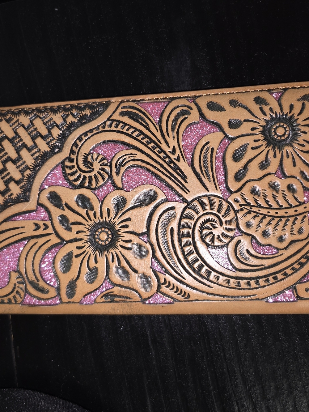 Hand-Tooled Floral Leather Wallet - Pink Accent